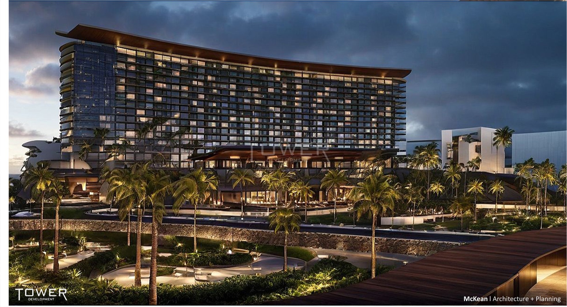 Waldorf Astoria Ko Olina resort tower at dusk